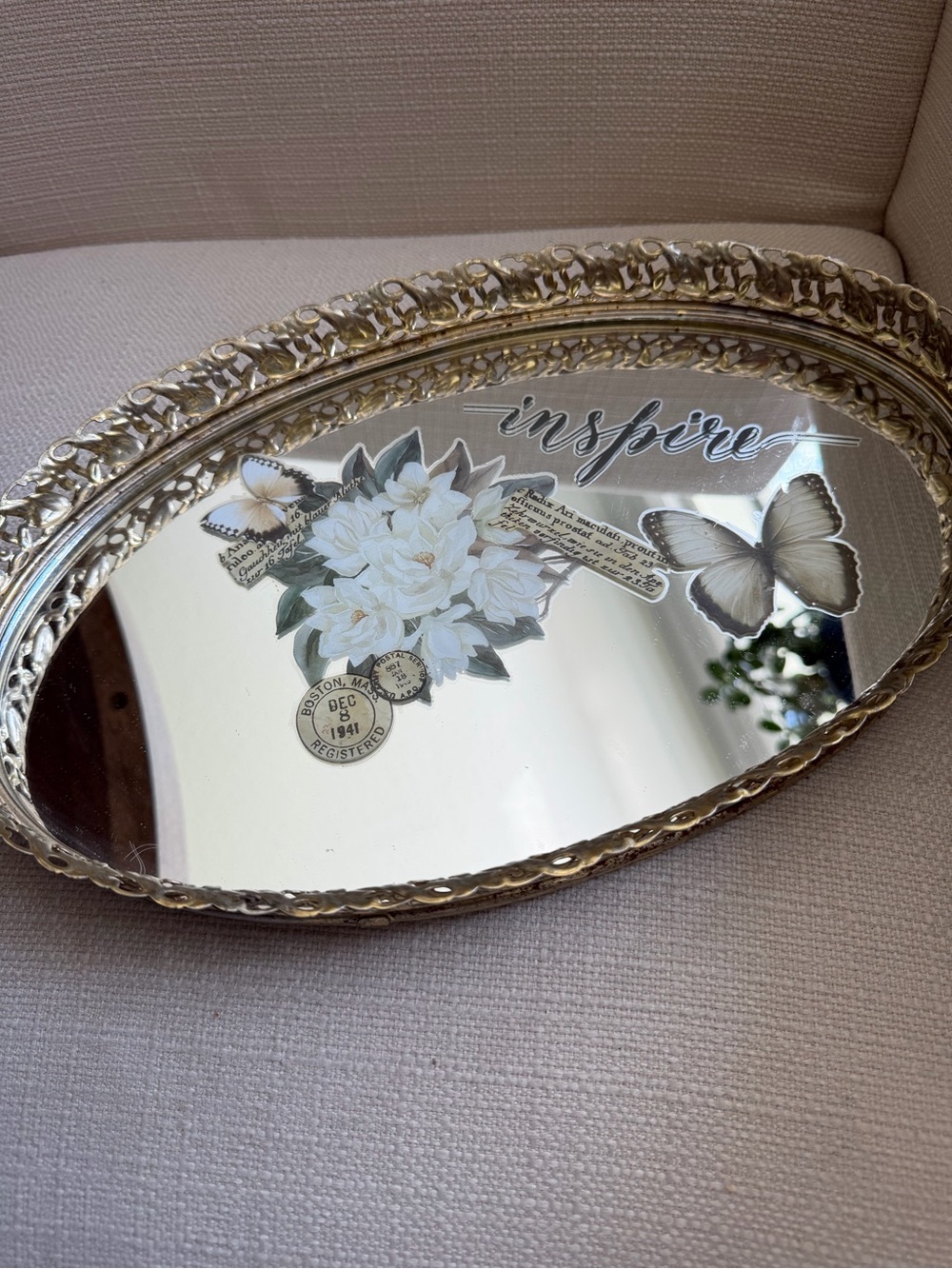 Adorable Up Cycled Ornate Gold Oval Mirror Tray with Floral & Butterfly Design